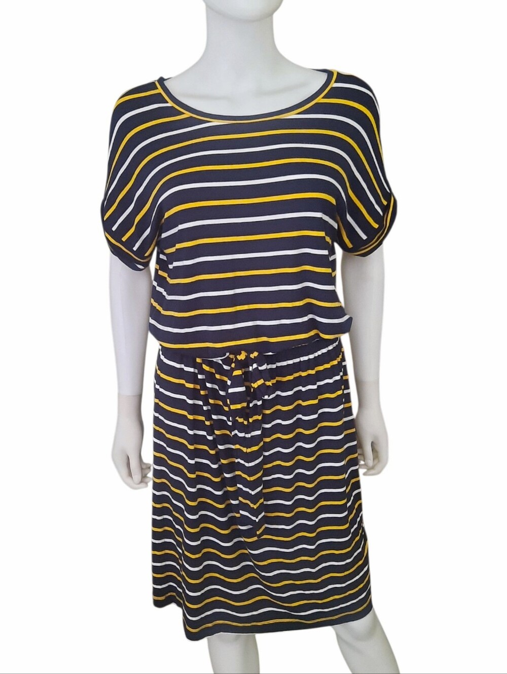 BANANA REPUBLIC Striped Knit Short Sleeve T-Shirt Dress Navy/Wht/Yellow Sz M